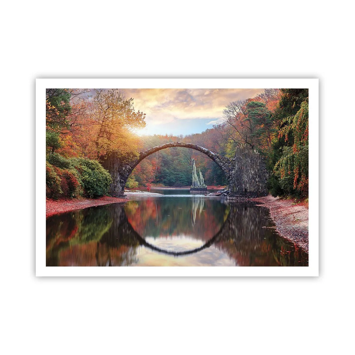 Poster - Eine Steinbrücke in einer Herbstlandschaft über ruhigem Wasser - 100x70cm - Auf der anderen Seite des Spiegels - Moderne Wanddekoration für Wohnzimmer und Schlafzimmer ARTTOR