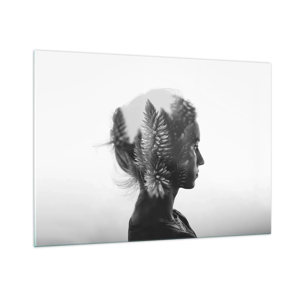 Glasbild - Bild auf glas - Eine Frau in Schwarz-Weiß mit einem darüber gelegten Nadelwaldmotiv - 100x70cm - Dame des Kiefernwaldes - Moderne Wanddekoration für Wohnzimmer und Schlafzimmer ARTTOR