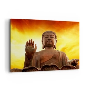 Bild auf Leinwand - Leinwandbild - Eine Buddha-Statue vor einem goldenen Sonnenuntergangshimmel - 100x70cm - Frieden der Welt - Moderne Wanddekoration für Wohnzimmer und Schlafzimmer ARTTOR