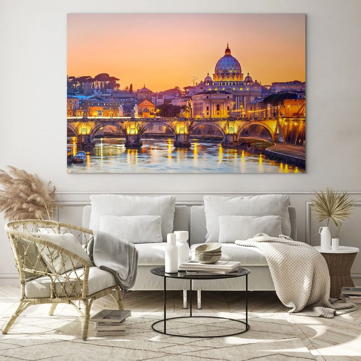 Glasbild - Bild auf glas - Brücke und Basilika in Rom bei Sonnenuntergang - 70x50cm - Sonnenuntergang über der ewigen Stadt - Moderne Wanddekoration für Wohnzimmer und Schlafzimmer ARTTOR