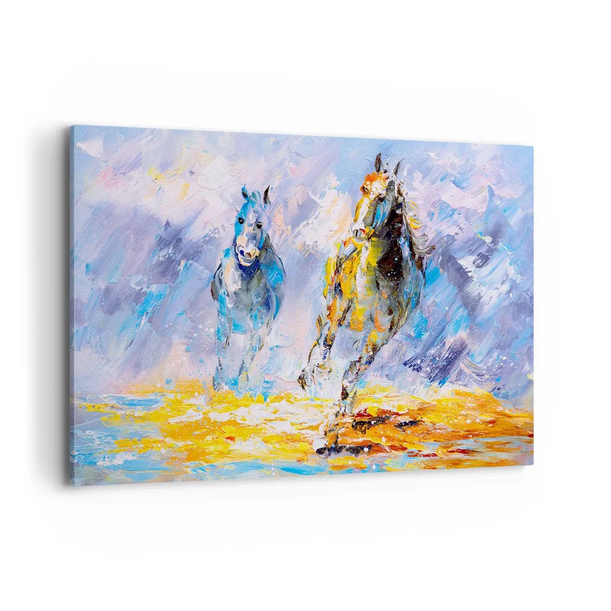 Bild auf Leinwand - Leinwandbild - Zwei Pferde in Bewegung vor dem Hintergrund einer abstrakten Landschaft - 120x80cm - Galopp durch die Blendung - Moderne Wanddekoration für Wohnzimmer und Schlafzimmer ARTTOR