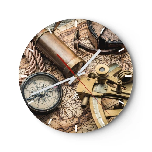 Wanduhr - Glasuhr - Navigationsset mit Karte, Kompass und Sextant - 30x30cm - Setze Sie einen Kurs - Moderne Wanddekoration für Wohnzimmer, Küche und Schlafzimmer ARTTOR