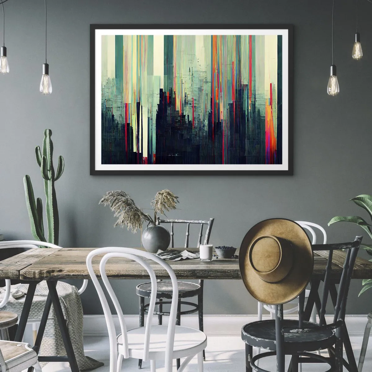Poster in einem schwarzem Rahmen - Abstraktion mit vertikalen Linien und einer Stadtsilhouette - 70x50cm - Futuristische Stadt - Moderne Wanddekoration für Wohnzimmer und Schlafzimmer ARTTOR