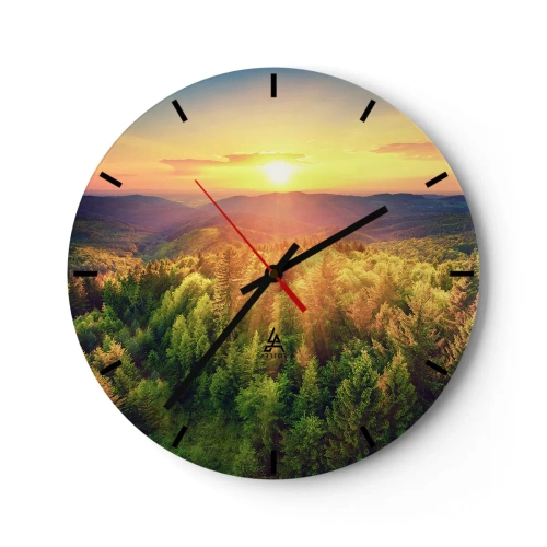 Wanduhr - Glasuhr - Berglandschaft mit untergehender Sonne und Wäldern - 30x30cm - Scheitelpunkte und Spitzen - Moderne Wanddekoration für Wohnzimmer, Küche und Schlafzimmer ARTTOR