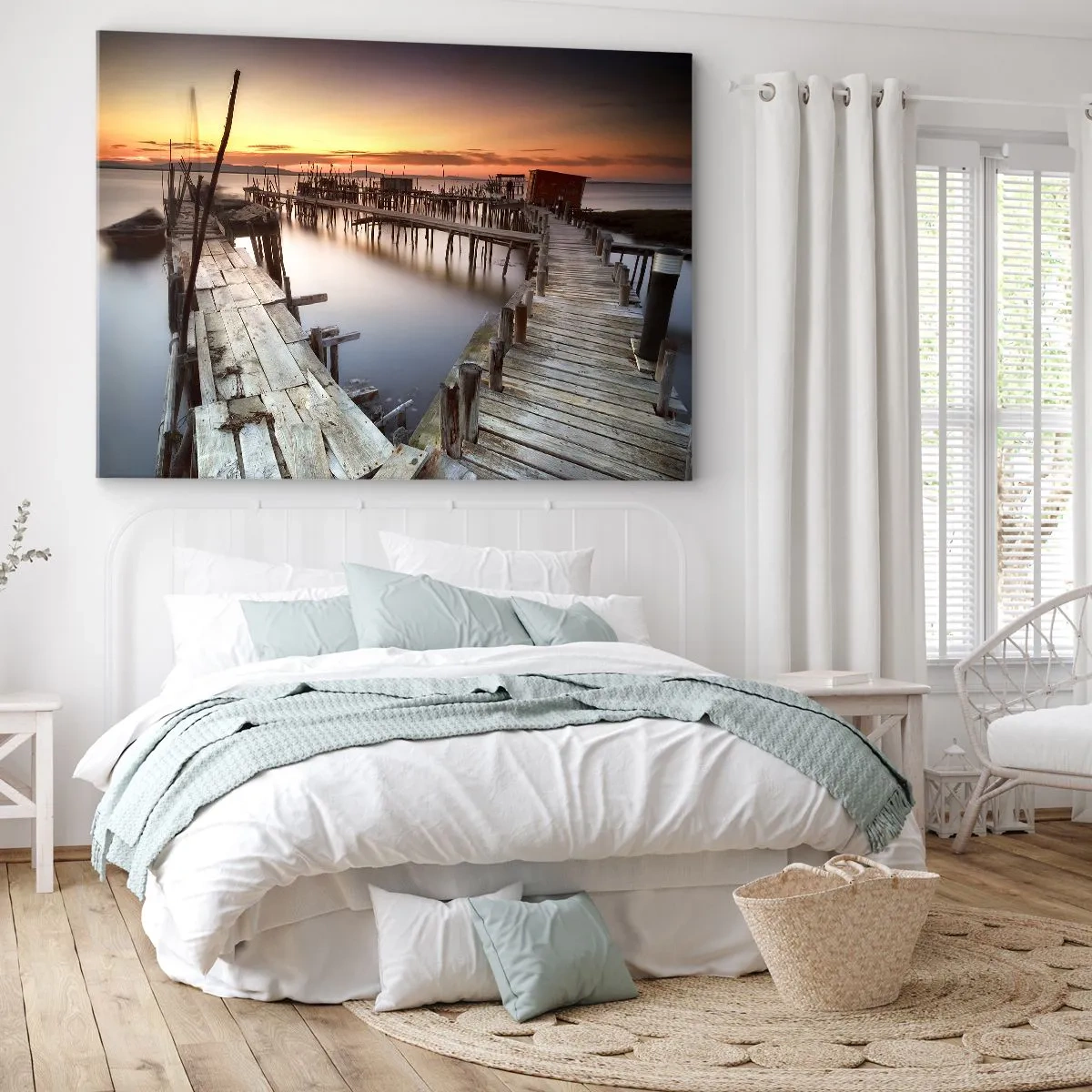 Bild auf Leinwand - Leinwandbild - Holzstege auf ruhigem Wasser bei Sonnenuntergang - 120x80cm - Authentisch, keine Touristenattrappe - Moderne Wanddekoration für Wohnzimmer und Schlafzimmer ARTTOR