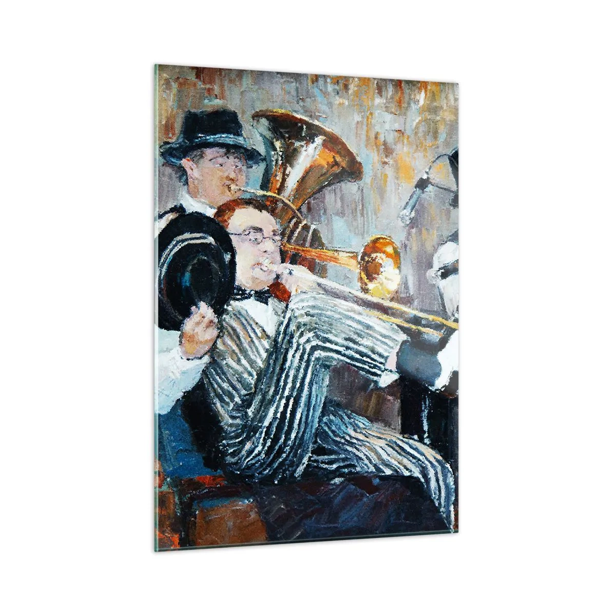 Glasbild - Bild auf glas - Eine Jazzband in einer stimmungsvollen impressionistischen Szene - 50x70cm - Der ganze Jazz - Moderne Wanddekoration für Wohnzimmer und Schlafzimmer ARTTOR