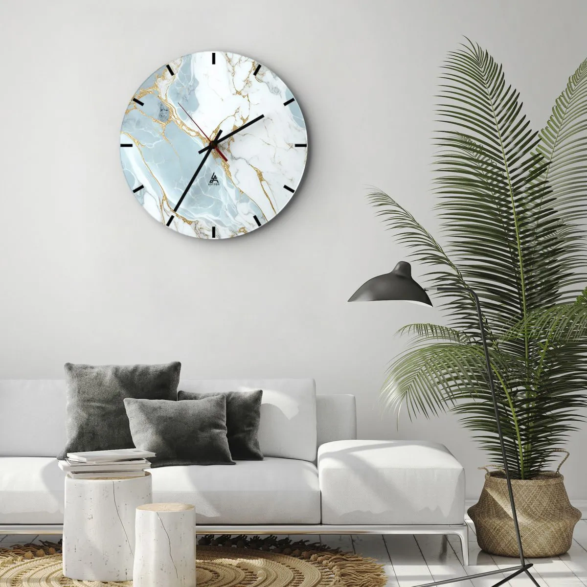 Wanduhr - Glasuhr - Blauer und weißer Marmor mit durchgehend goldenen Adern - 30x30cm - Reichtum des Steins - Moderne Wanddekoration für Wohnzimmer, Küche und Schlafzimmer ARTTOR