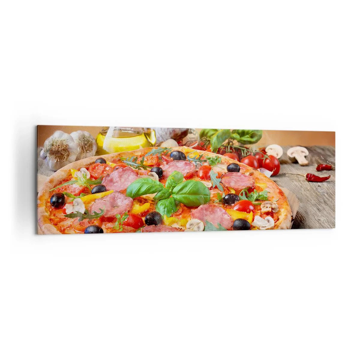Bild auf Leinwand - Leinwandbild - Appetitliche Pizza auf einem Holztisch mit Belag - 160x50cm - Mit echtem italienischem Flair - Moderne Wanddekoration für Wohnzimmer und Schlafzimmer ARTTOR