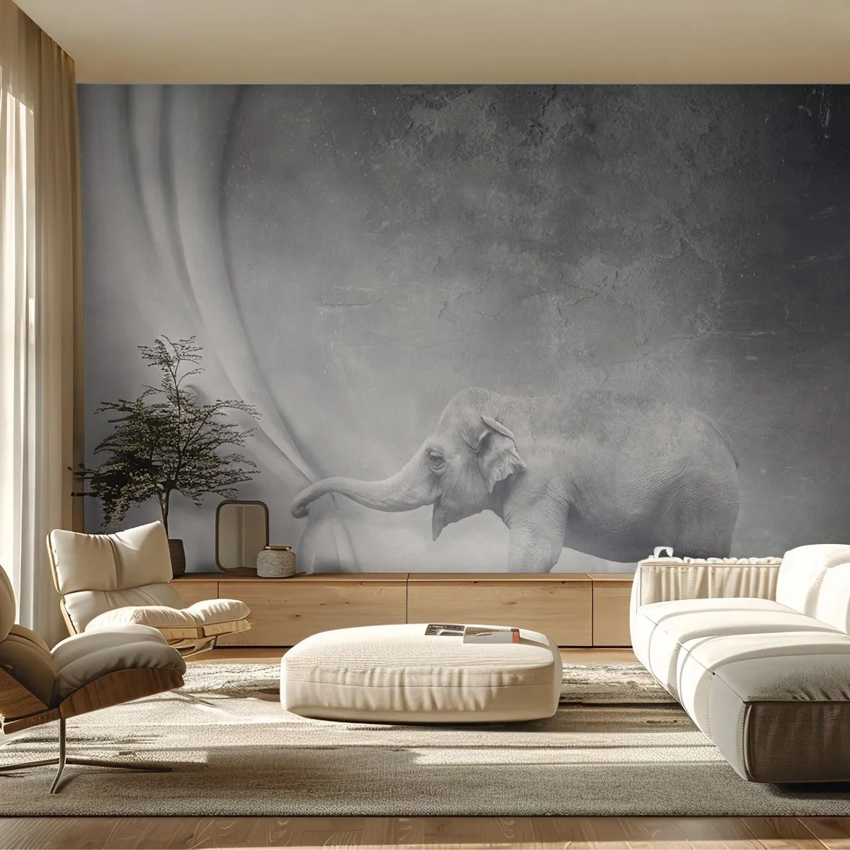 Fototapete Premium Sand - Ein Elefant entdeckt auf surreale Weise eine neue Realität. - 100x70cm - Enthülle das Geheimnis - Moderne Wanddekoration für Wohnzimmer und Schlafzimmer ARTTOR