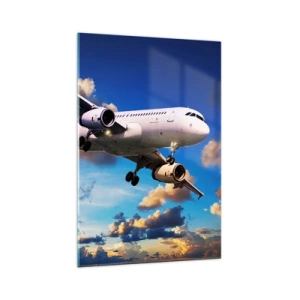 Glasbild - Bild auf glas - Ein Passagierflugzeug vor den Wolken bei Sonnenuntergang - 70x100cm - Eine Reise in Weiß und Blau - Moderne Wanddekoration für Wohnzimmer und Schlafzimmer ARTTOR
