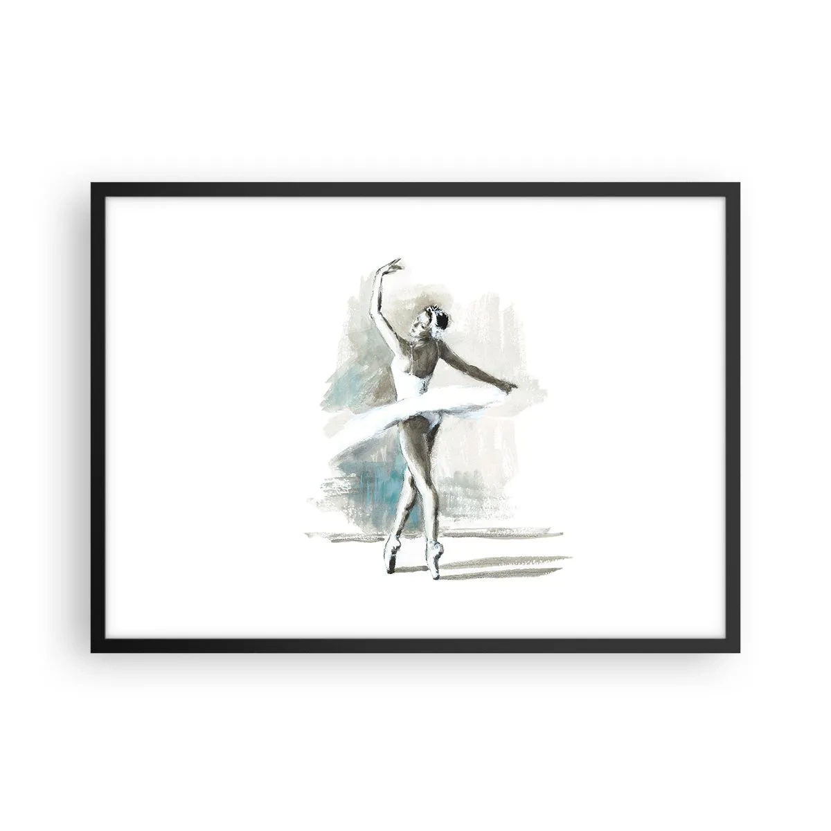 Poster in einem schwarzem Rahmen - Eine Balletttänzerin in einer Ballettpose vor einem Hintergrund aus zarten Aquarelltönen. - 70x50cm - In einen Schwan verzaubert - Moderne Wanddekoration für Wohnzimmer und Schlafzimmer ARTTOR
