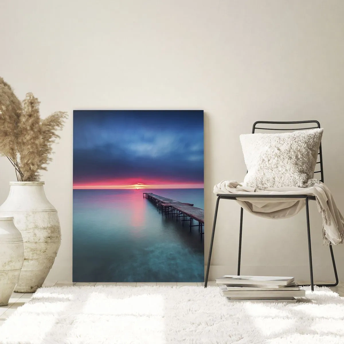 Glasbild - Bild auf glas - Pier, der in Richtung untergehender Sonne führt - 50x70cm - Zwischen Himmel und Erde - Moderne Wanddekoration für Wohnzimmer und Schlafzimmer ARTTOR