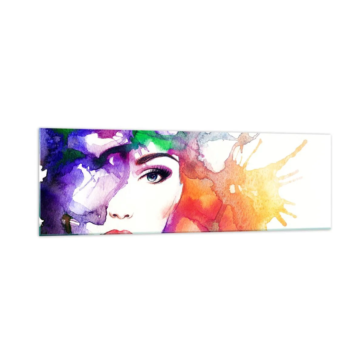 Glasbild - Bild auf glas - Porträt einer Frau in Aquarellfarben mit abstrakten Flecken - 160x50cm - Mit dem Kopf in den Wolken - Moderne Wanddekoration für Wohnzimmer und Schlafzimmer ARTTOR