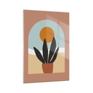 Glasbild - Bild auf glas - Eine abstrakte Szene mit einer Topfpflanze und der Sonne im Hintergrund, in Pastellfarben. - 50x70cm - Kleine Freuden - Moderne Wanddekoration für Wohnzimmer und Schlafzimmer ARTTOR