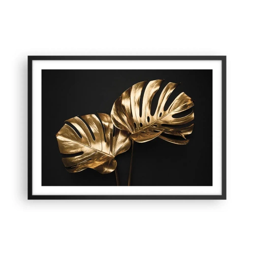 Poster in einem schwarzem Rahmen - Goldene Monstera-Blätter auf schwarzem Hintergrund - 70x50cm - Die Schätze der Natur - Moderne Wanddekoration für Wohnzimmer und Schlafzimmer ARTTOR