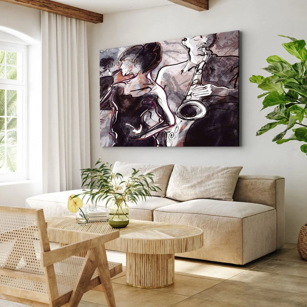 Bild auf Leinwand - Leinwandbild - Abstrakte Jazzszene mit einem Saxophonisten und einer tanzenden Frau. - 100x70cm - In der Musik auflösen - Moderne Wanddekoration für Wohnzimmer und Schlafzimmer ARTTOR