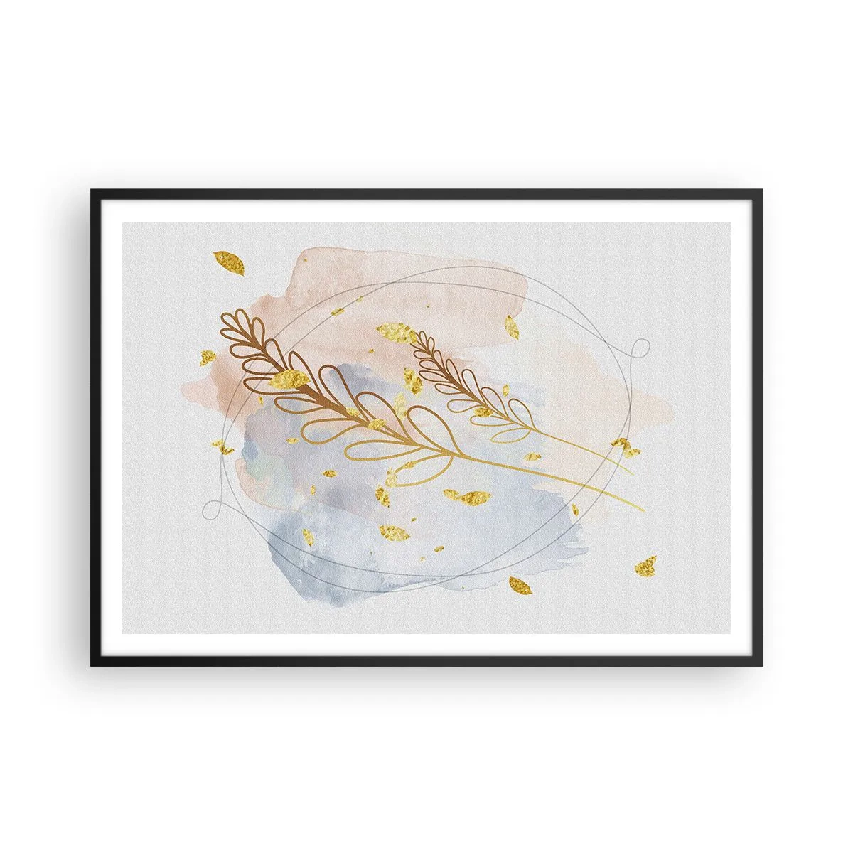 Poster in einem schwarzem Rahmen - Ein zartes goldenes Blattmotiv auf pastellfarbenem Hintergrund mit Aquarelldetails. - 100x70cm - Goldenr Hauch - Moderne Wanddekoration für Wohnzimmer und Schlafzimmer ARTTOR