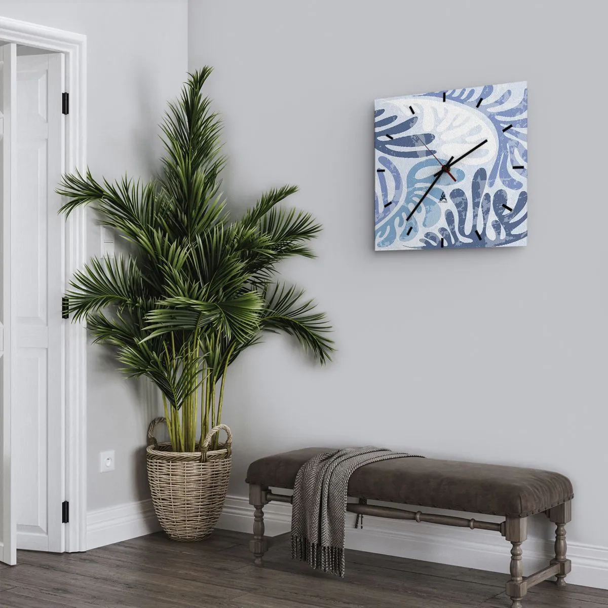 Wanduhr - Glasuhr - Abstrakte Formen in Blautönen auf weißem Hintergrund - 30x30cm - Blaue Farne - Moderne Wanddekoration für Wohnzimmer und Schlafzimmer ARTTOR