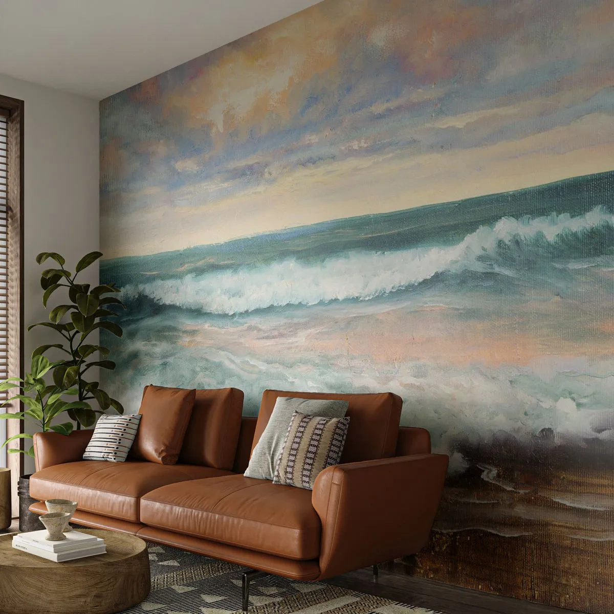 Fototapete Premium Sand - Eine malerische Szene einer Küste mit Wellen und einem pastellfarbenen Himmel. - 100x70cm - Hier werden Sie Ihre Seele baumeln lassen - Moderne Wanddekoration für Wohnzimmer und Schlafzimmer ARTTOR