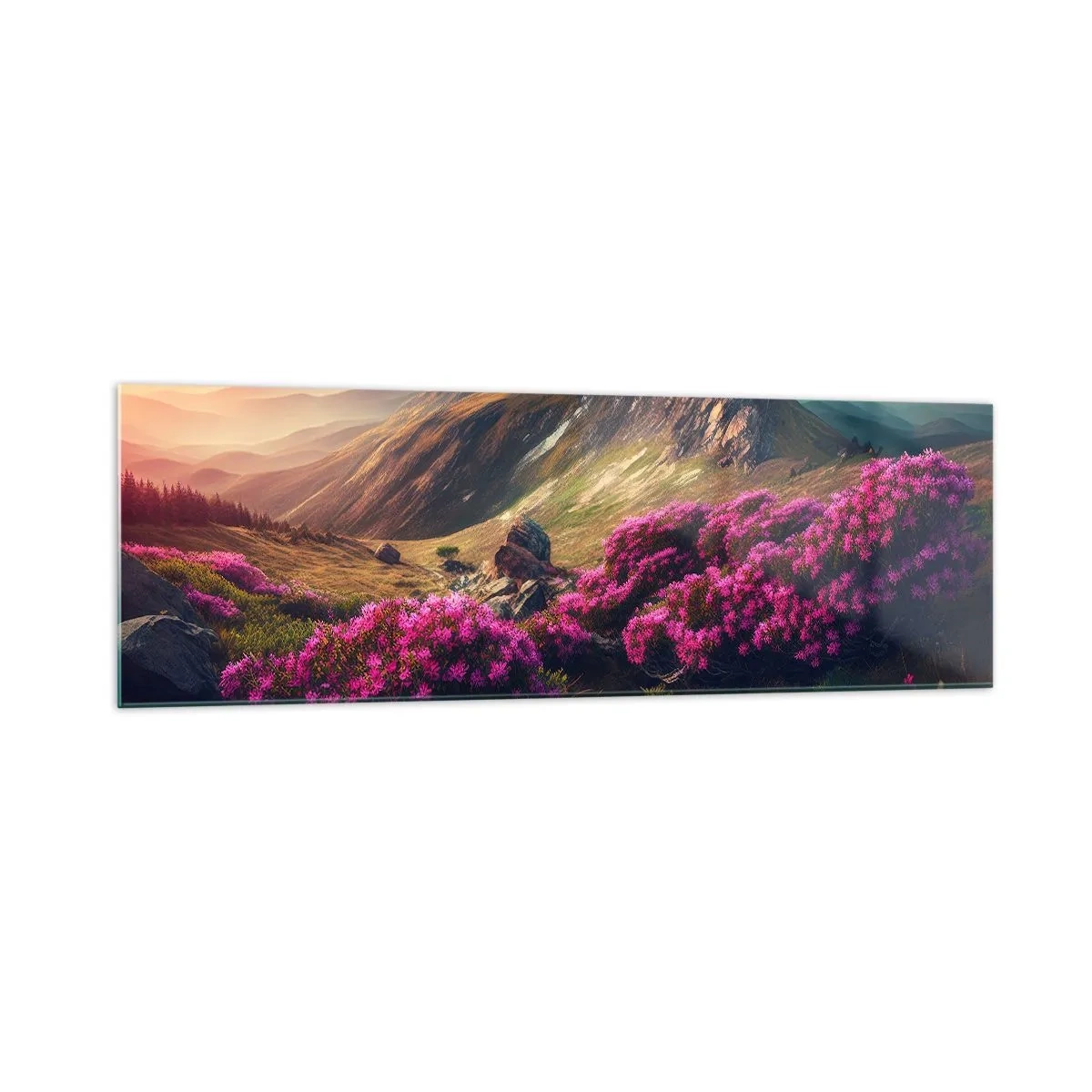 Glasbild - Bild auf glas - Berglandschaft mit blühenden Rhododendren - 160x50cm - Sommer in den Bergen - Moderne Wanddekoration für Wohnzimmer und Schlafzimmer ARTTOR