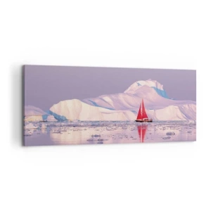 Bild auf Leinwand - Leinwandbild - Ein rotes Segel vor der Kulisse eisiger Berge und eines Vollmonds. - 120x50cm - Die Hitze des Segels, die Kälte des Eises - Moderne Wanddekoration für Wohnzimmer und Schlafzimmer ARTTOR