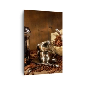 Bild auf Leinwand - Leinwandbild - French Press, Tassen und eine Tüte Kaffee auf einem hölzernen Hintergrund - 80x120cm - Der Charme des Kaffees - Aroma und Geschmack - Moderne Wanddekoration für Wohnzimmer und Schlafzimmer ARTTOR