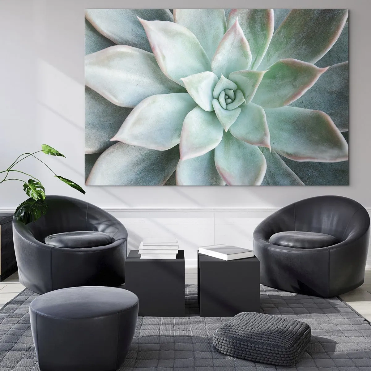 Glasbild - Bild auf glas - Trockene, saftige Blätter mit einem zarten, graugrünen Farbton - 70x50cm - Das Herz der Wüste - Moderne Wanddekoration für Wohnzimmer und Schlafzimmer ARTTOR