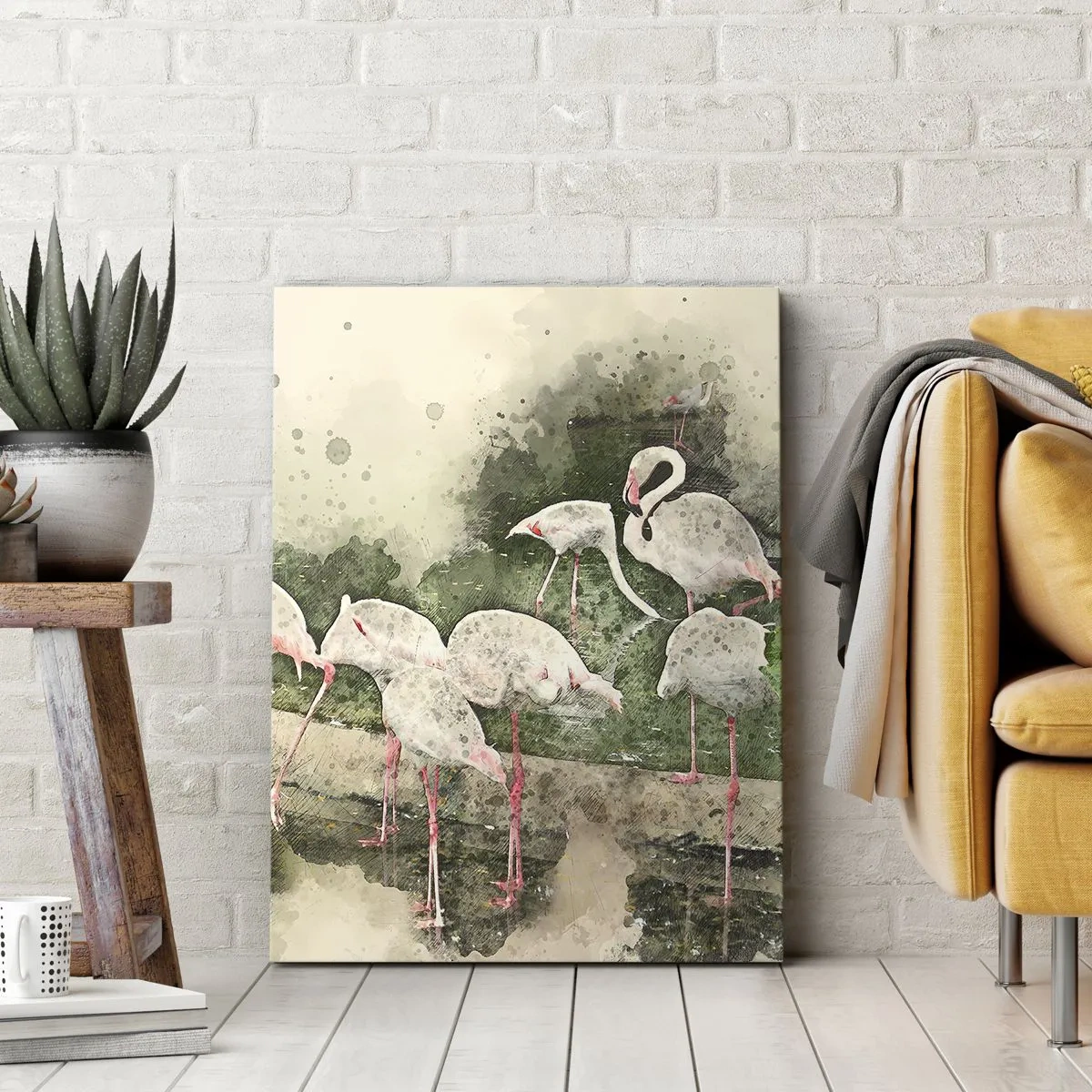 Bild auf Leinwand - Leinwandbild - Flamingos in ihrer natürlichen Umgebung im Aquarellstil - 50x70cm - Exotischer Traum - Moderne Wanddekoration für Wohnzimmer und Schlafzimmer ARTTOR