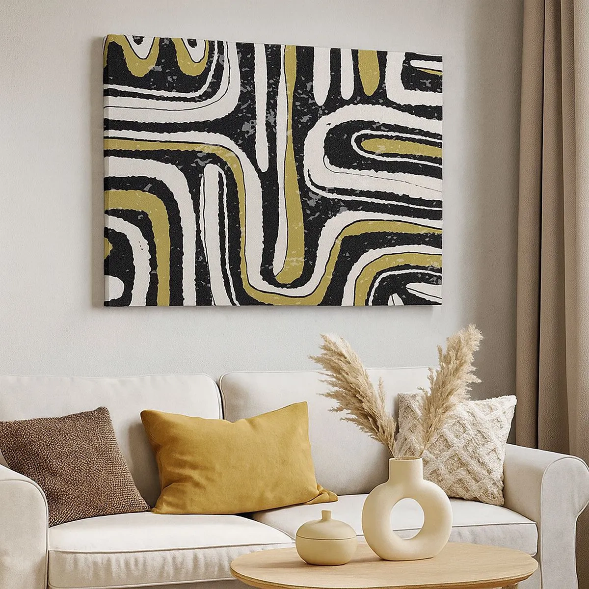 Bild auf Leinwand - Leinwandbild - Abstraktes Muster in Schwarz, Weiß und Gold - 70x50cm - Komposition: Straßen und Gassen - Moderne Wanddekoration für Wohnzimmer und Schlafzimmer ARTTOR