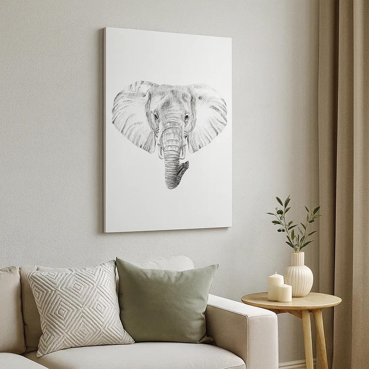 Bild auf Leinwand - Leinwandbild - Schwarz-weiße Zeichnung eines Elefantenkopfes auf weißem Hintergrund - 50x70cm - Da war ein Elefant, so groß wie - ein Elefant - Moderne Wanddekoration für Wohnzimmer und Schlafzimmer ARTTOR