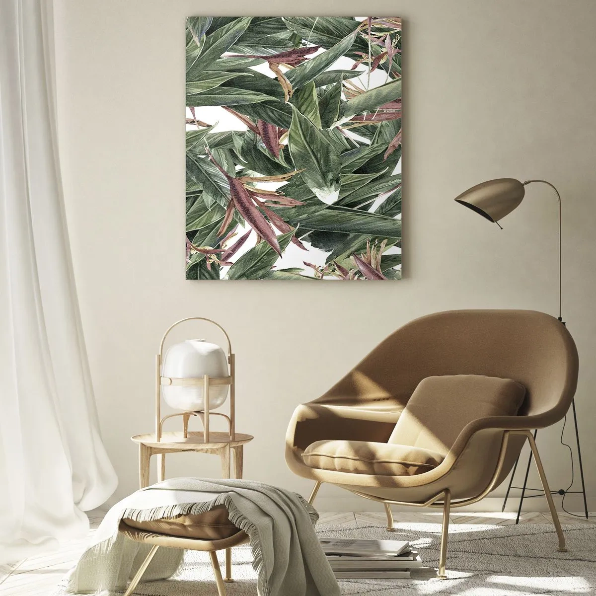 Glasbild - Bild auf glas - Blätter in Grün- und Burgundertönen auf hellem Hintergrund - 50x70cm - Smaragd-lila Dickicht - Moderne Wanddekoration für Wohnzimmer und Schlafzimmer ARTTOR