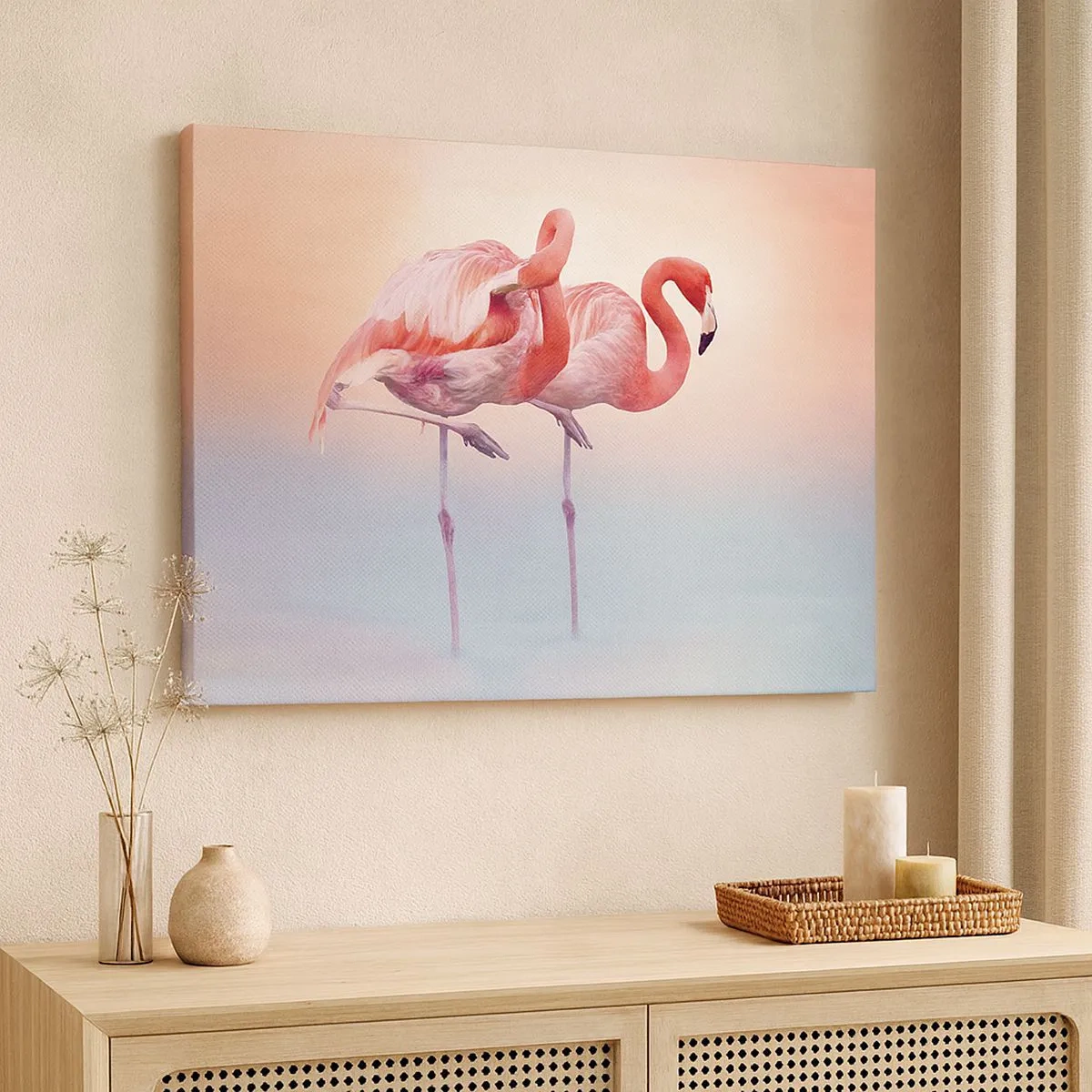 Bild auf Leinwand - Leinwandbild - Flamingos in zarten Pastellfarben auf Wasserhintergrund - 70x50cm - Die Farbe der untergehenden Sonne - Moderne Wanddekoration für Wohnzimmer und Schlafzimmer ARTTOR