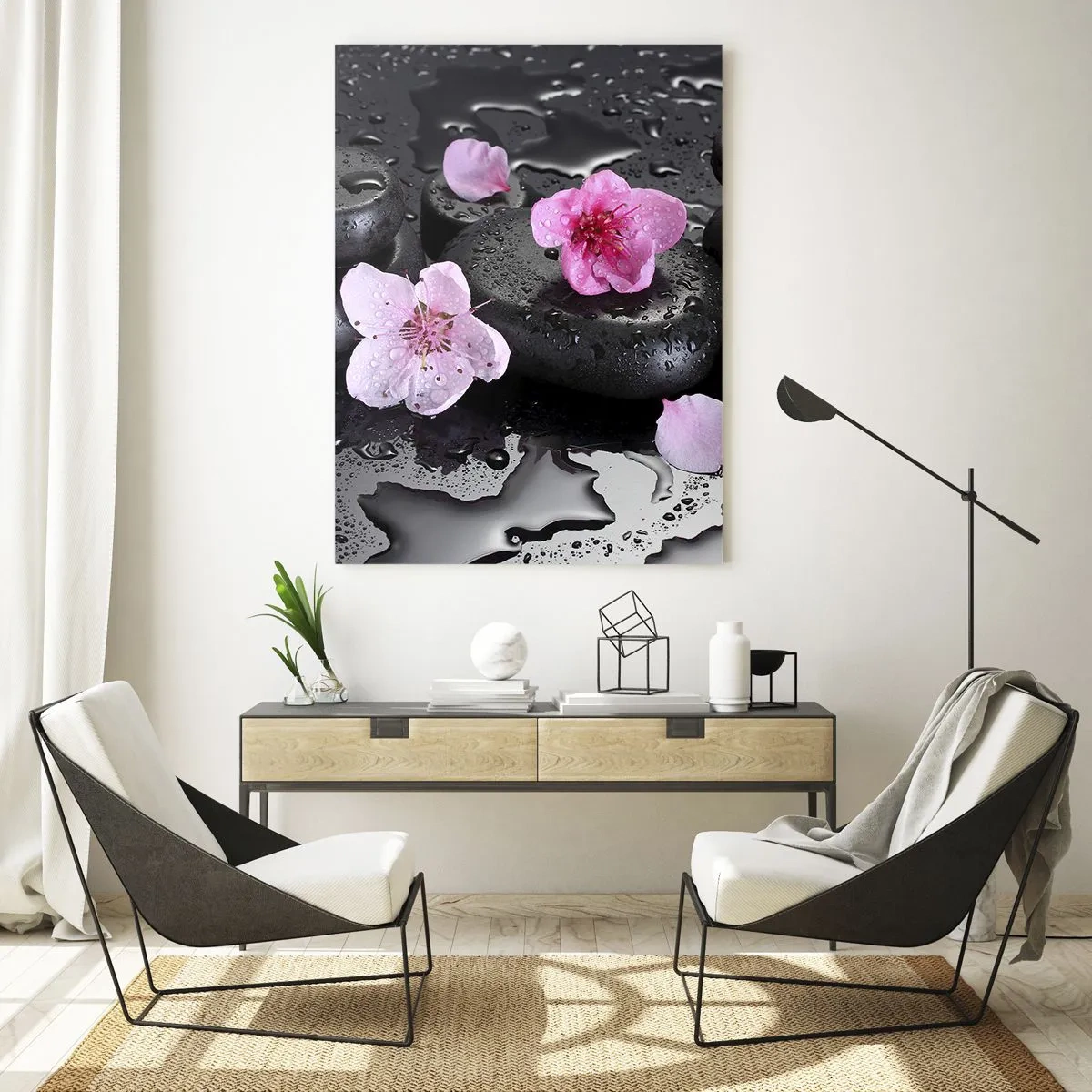 Glasbild - Bild auf glas - Schwarze Steine und rosa Blumen im Spa-Stil - 80x120cm - Und der Stein fällt vom Herzen - Moderne Wanddekoration für Wohnzimmer und Schlafzimmer ARTTOR