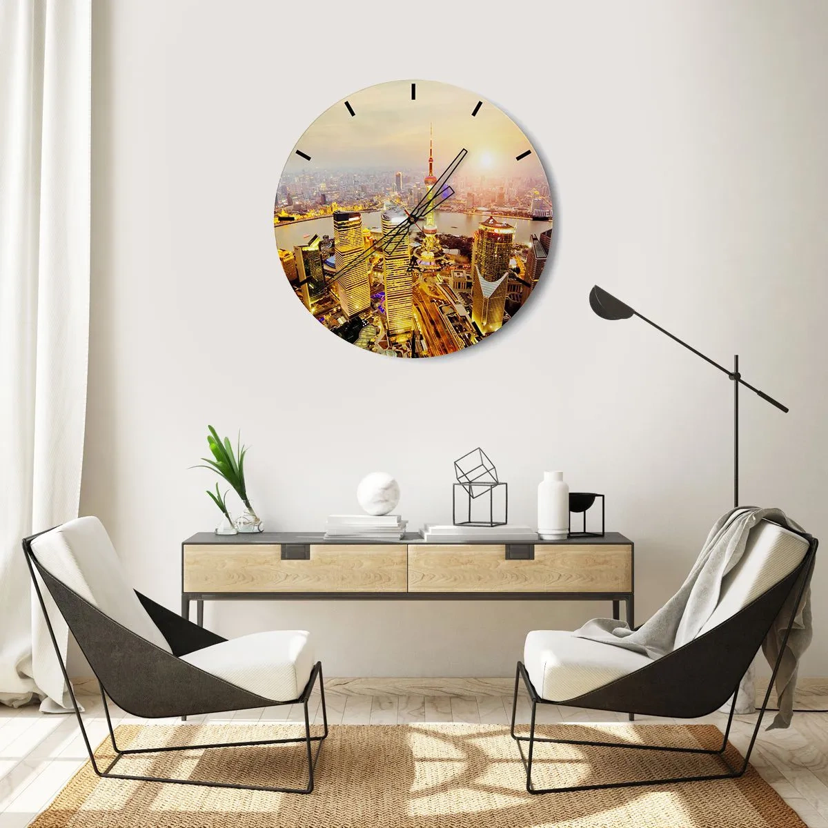 Wanduhr - Glasuhr - Panorama der Stadt bei Sonnenuntergang mit Wolkenkratzern und dem Fluss - 30x30cm - Asiatischer Traum - Moderne Wanddekoration für Wohnzimmer, Küche und Schlafzimmer ARTTOR