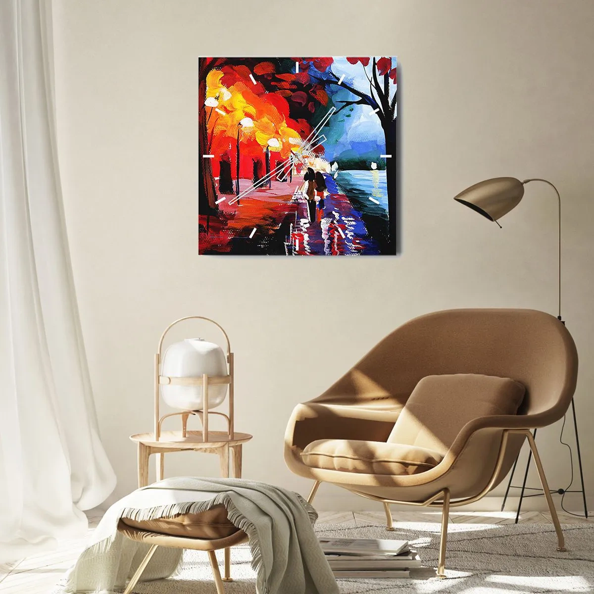 Wanduhr - Glasuhr - Ein Herbstspaziergang entlang des Weges mit Blick auf das Wasser - 30x30cm - Strahlender Herbst im Park - Moderne Wanddekoration für Wohnzimmer und Schlafzimmer ARTTOR