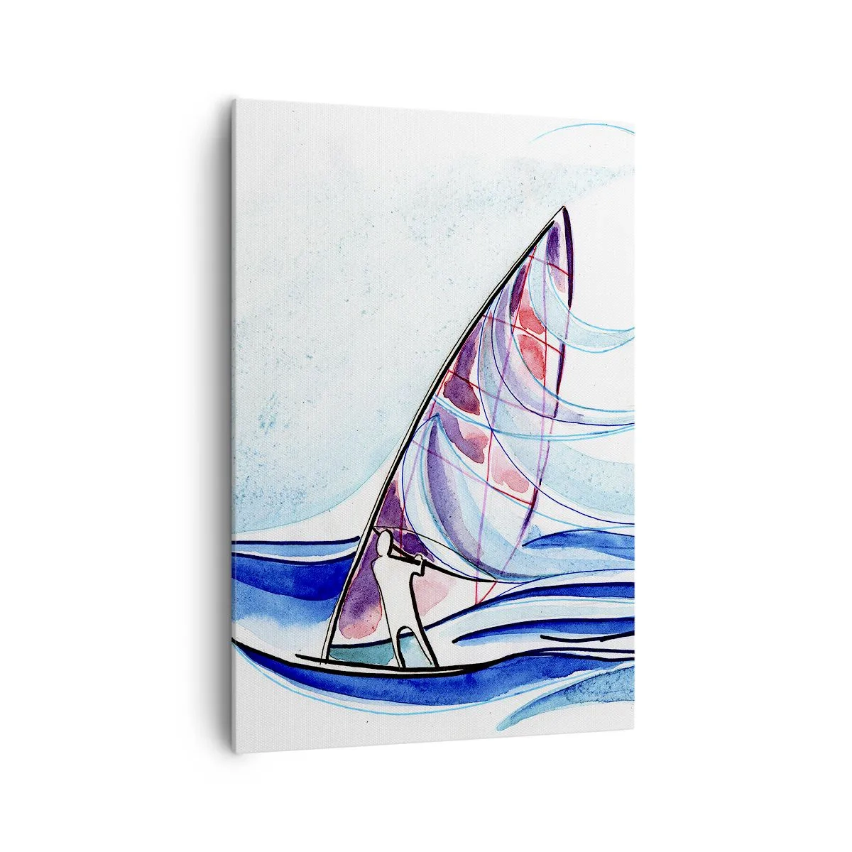 Bild auf Leinwand - Leinwandbild - Ein Surfer, der in einer abstrakten Aquarellkomposition auf den Wellen reitet - 70x100cm - Mit dem Wind im Rhythmus der Wellen - Moderne Wanddekoration für Wohnzimmer und Schlafzimmer ARTTOR
