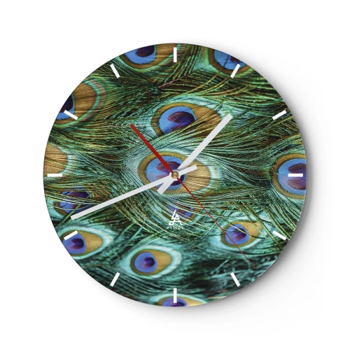 Wanduhr - Glasuhr - Pfauenfedern in Grün- und Blautönen - 30x30cm - Ein Blick mit Pfauenaugen - Moderne Wanddekoration für Wohnzimmer, Küche und Schlafzimmer ARTTOR