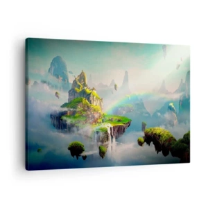 Bild auf Leinwand - Leinwandbild - Fliegende Inseln zwischen den Wolken mit einem Regenbogen am Horizont - 70x50cm - Mitten am Himmel - glückliche Inseln - Moderne Wanddekoration für Wohnzimmer und Schlafzimmer ARTTOR