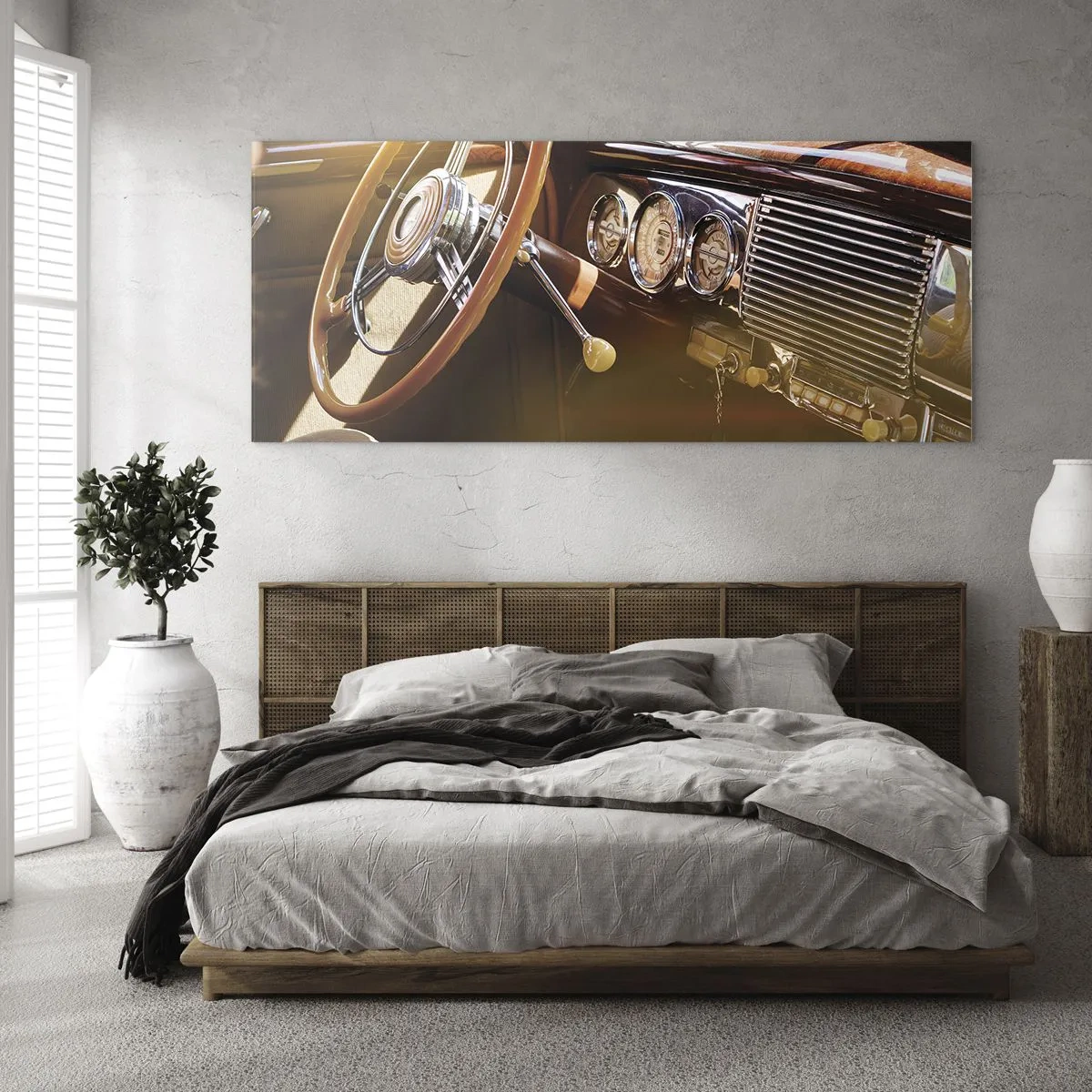 Glasbild - Bild auf glas - Nahaufnahme des Innenraums eines Oldtimers mit Holz- und Chromdetails. - 160x50cm - Ein Hauch von Luxus aus der Vergangenheit - Moderne Wanddekoration für Wohnzimmer und Schlafzimmer ARTTOR
