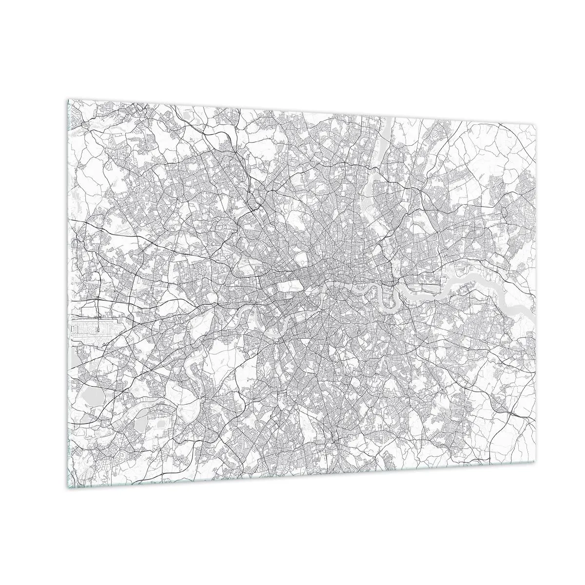Glasbild - Bild auf glas - Eine schwarz-weiße Karte mit einem dichten Straßenraster im minimalistischen Stil. - 100x70cm - Karte des Labyrinths von London - Moderne Wanddekoration für Wohnzimmer und Schlafzimmer ARTTOR