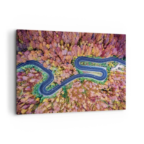 Bild auf Leinwand - Leinwandbild - Eine kurvenreiche Straße in einem herbstlichen Wald aus der Vogelperspektive gesehen - 100x70cm - Kurvenreicher Weg durch den Wald - Moderne Wanddekoration für Wohnzimmer und Schlafzimmer ARTTOR