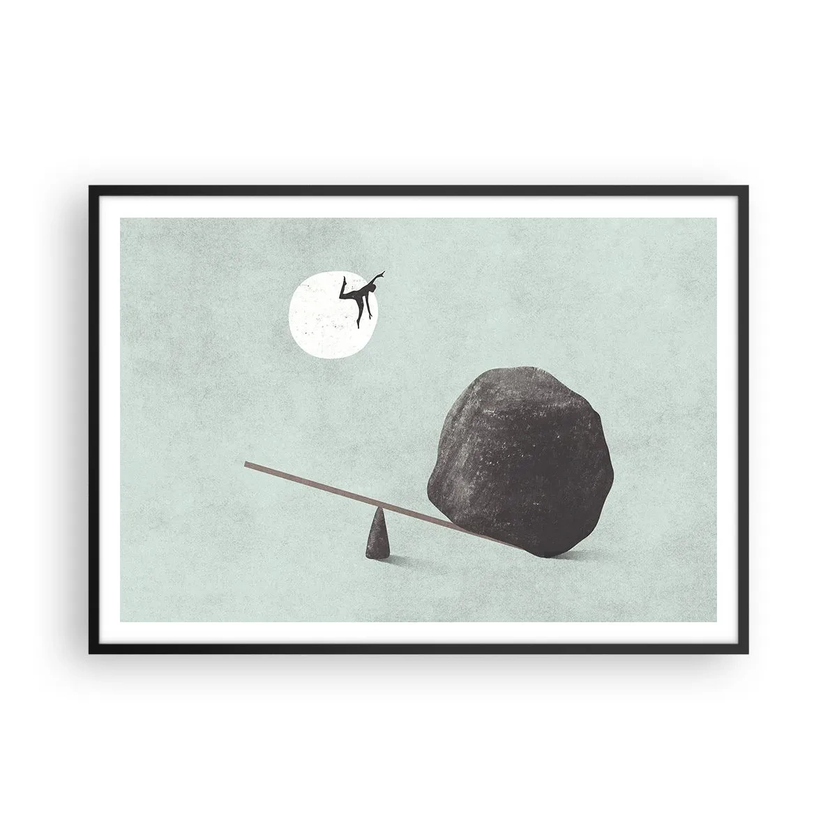 Poster in einem schwarzem Rahmen - Eine symbolische Szene mit einer Figur und einem Gleichgewicht vor einem hellen Himmel. - 100x70cm - Erfüllte Träume - Moderne Wanddekoration für Wohnzimmer und Schlafzimmer ARTTOR