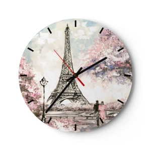 Wanduhr - Glasuhr - Der Eiffelturm, umgeben von blühenden Bäumen - 30x30cm - Aprilspaziergang durch Paris - Moderne Wanddekoration für Wohnzimmer, Küche und Schlafzimmer ARTTOR