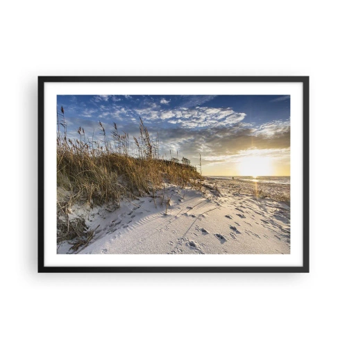 Poster in einem schwarzem Rahmen - Dünen mit Gras und Fußspuren im Sand bei Sonnenuntergang - 70x50cm - Einladung zu einem Spaziergang - Moderne Wanddekoration für Wohnzimmer und Schlafzimmer ARTTOR