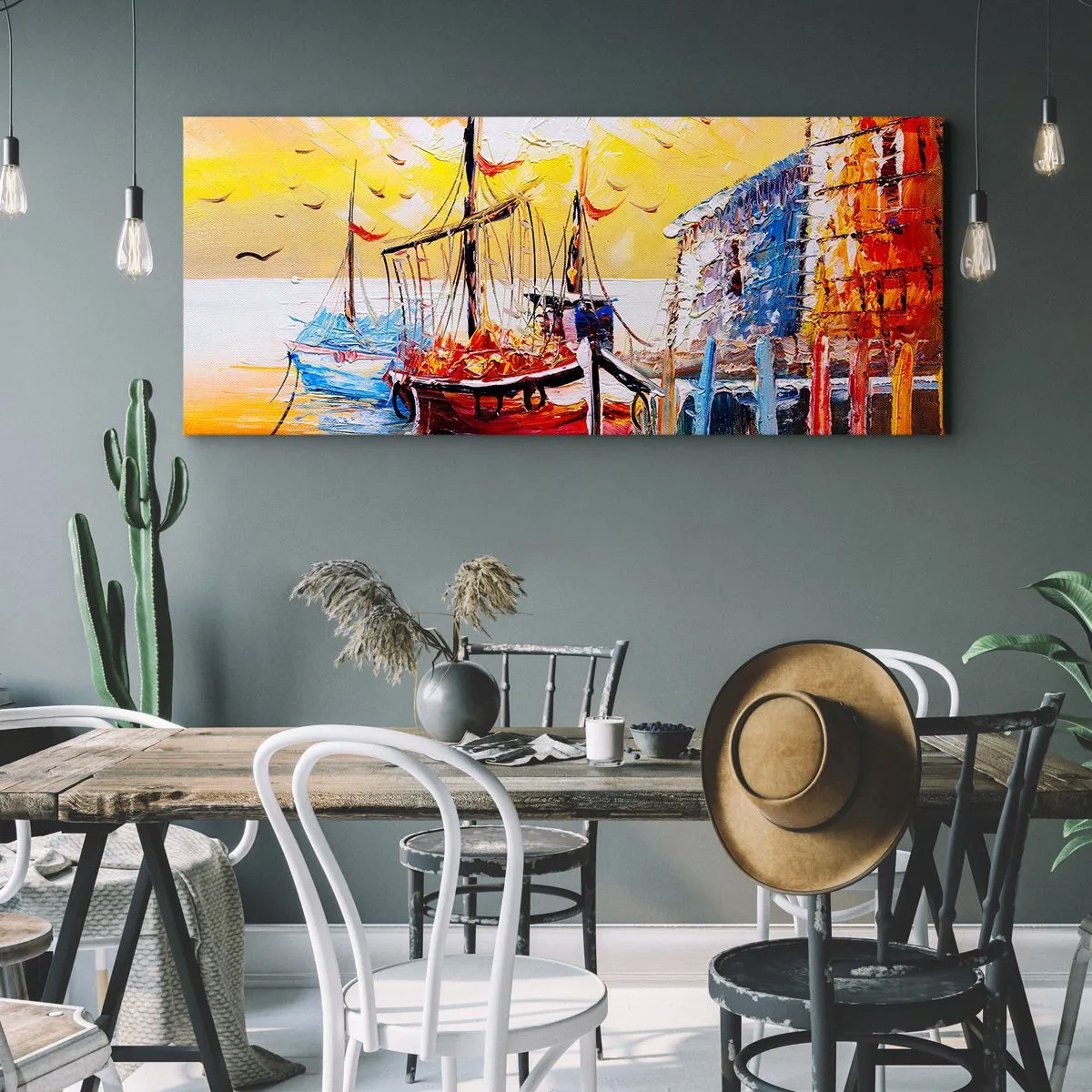 Bild auf Leinwand - Leinwandbild - Malerischer Hafen bei Sonnenuntergang mit Fischerbooten - 140x50cm - Glückliche Rückkehr - Moderne Wanddekoration für Wohnzimmer und Schlafzimmer ARTTOR