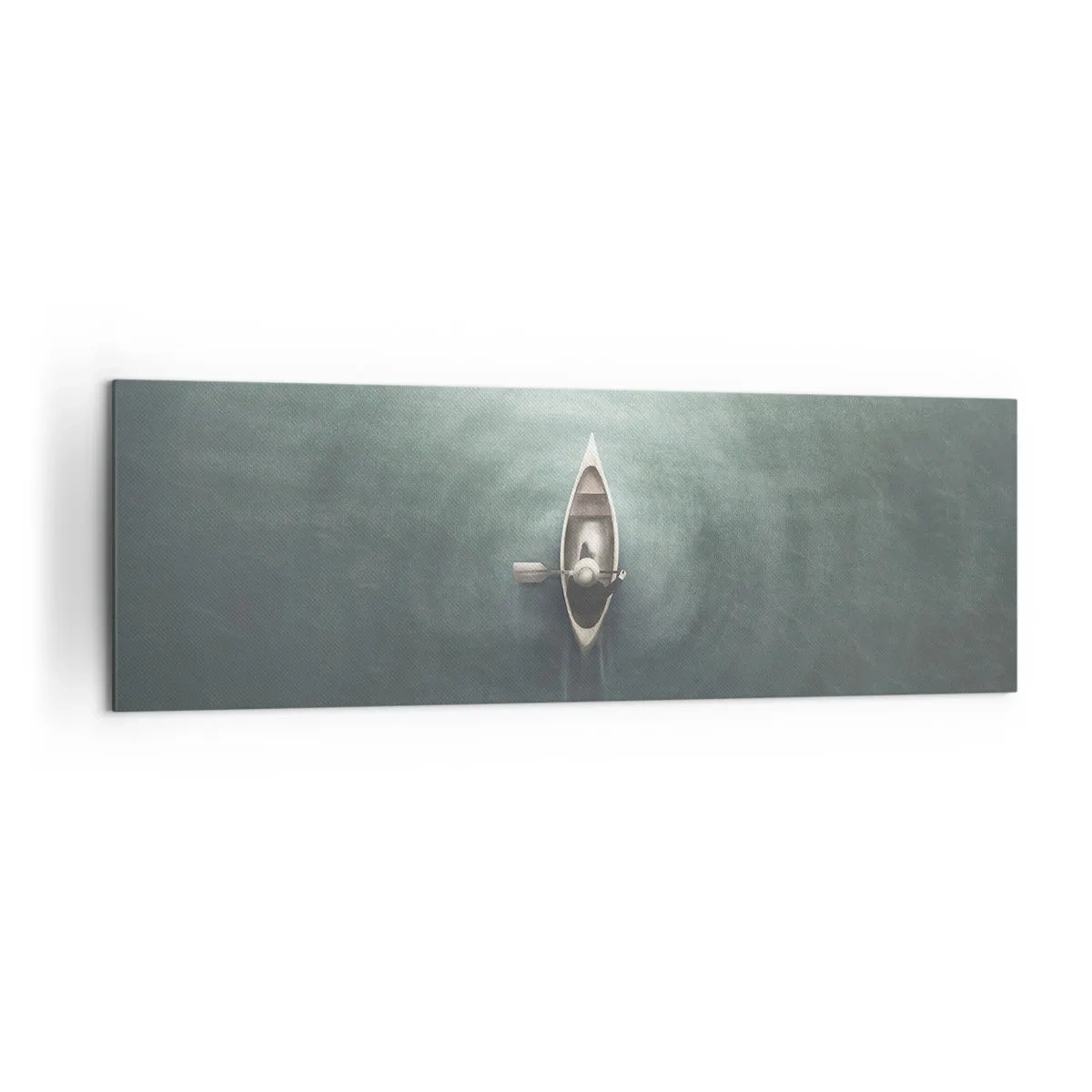 Bild auf Leinwand - Leinwandbild - Ein einsames Boot auf ruhigem Wasser in minimalistischer Umgebung - 160x50cm - Durch den Mondsee - Moderne Wanddekoration für Wohnzimmer und Schlafzimmer ARTTOR