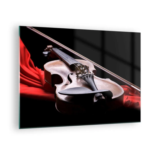 Glasbild - Bild auf glas - Geige auf rotem Stoff vor schwarzem Hintergrund - 70x50cm - Musik der Gefühle - Moderne Wanddekoration für Wohnzimmer und Schlafzimmer ARTTOR