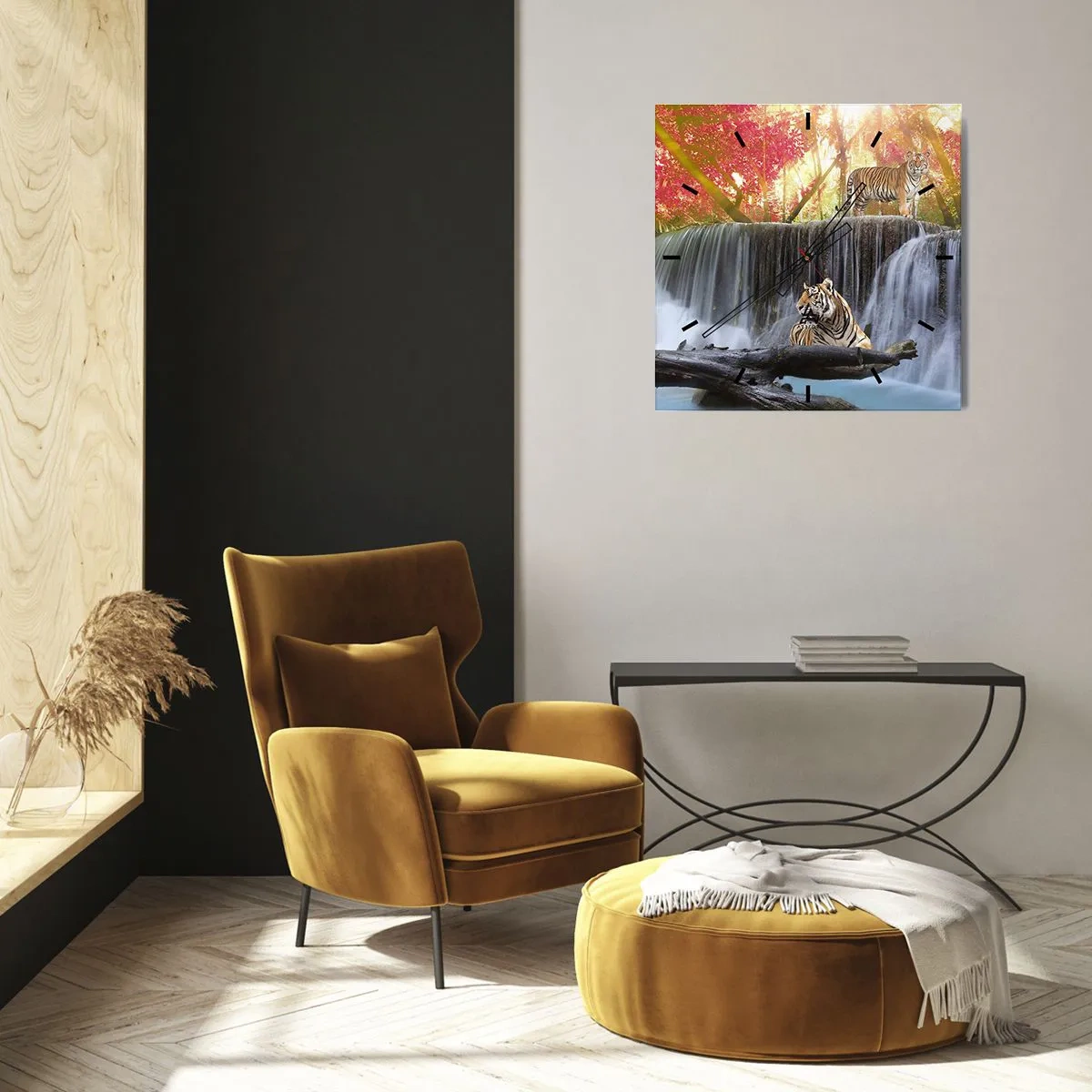 Wanduhr - Glasuhr - Tiger an einem Wasserfall im Herbstwald - 30x30cm - Surreale Landschaft - Moderne Wanddekoration für Wohnzimmer und Schlafzimmer ARTTOR