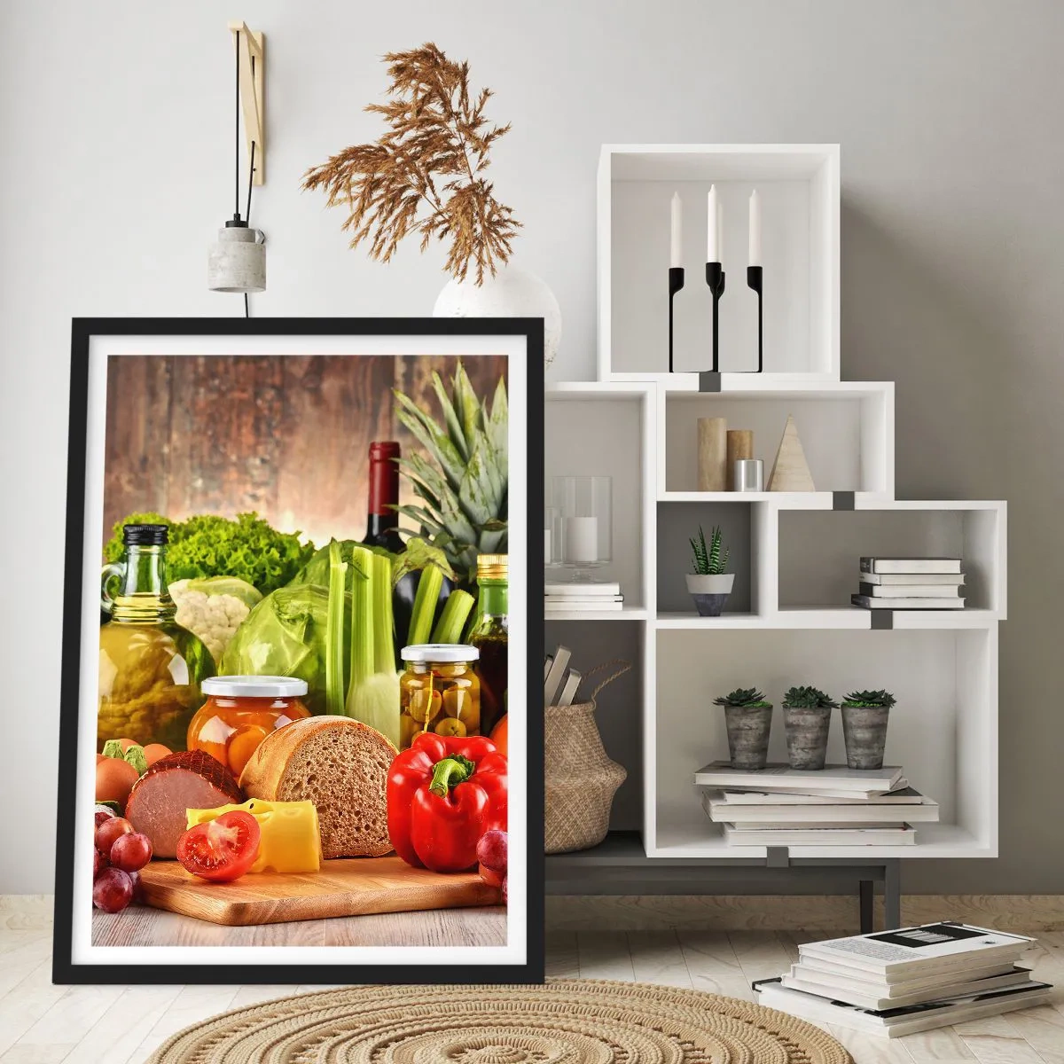 Poster in einem schwarzem Rahmen - Buntes Gemüse und Lebensmittel auf einem hölzernen Hintergrund - 50x70cm - Geräuchert, gebacken und eingelegt - Moderne Wanddekoration für Wohnzimmer und Schlafzimmer ARTTOR