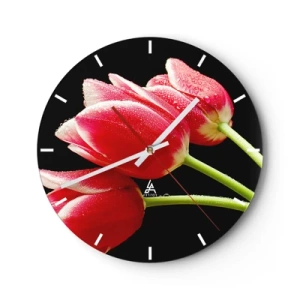 Wanduhr - Glasuhr - Rote Tulpen mit Wassertropfen auf schwarzem Hintergrund - 30x30cm - Ein Versprechen der reinen Liebe - Moderne Wanddekoration für Wohnzimmer, Küche und Schlafzimmer ARTTOR